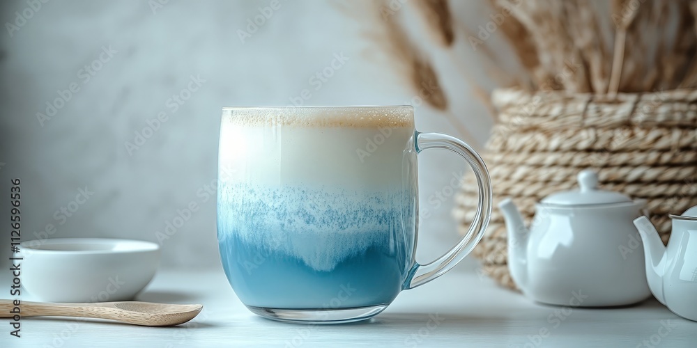 Blue Matcha Latte with Vibrant Foam and Powder in Cozy Setting Blue Matcha Latte with Vibrant Foam and Powder in Cozy Setting