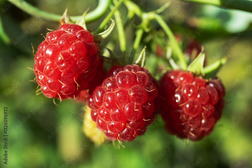 Ripe raspberries on a bush in a raspberry bush in the garden Ripe raspberries on a bush in a raspberry bush in the garden