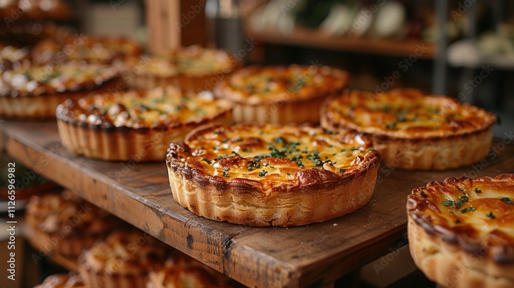 Freshly baked savory pies displayed on wooden shelves in a charming bakery during morning hours. Generative AI Freshly baked savory pies displayed on wooden shelves in a charming bakery during morning hours. Generative AI
