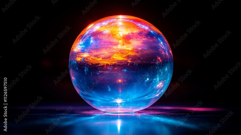 A glowing colorful sphere reflecting light sits on a dark surface.

