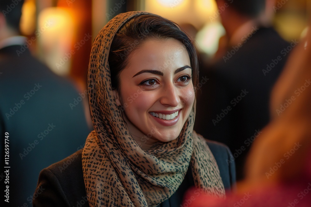 Smiling Muslim businesswoman sharing and talking during a networking event Smiling Muslim businesswoman sharing and talking during a networking event