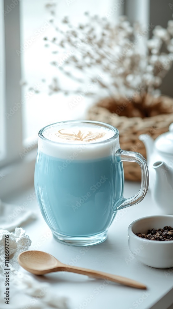 Blue Matcha Latte with Vibrant Foam and Powder in Cozy Setting Blue Matcha Latte with Vibrant Foam and Powder in Cozy Setting