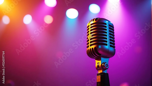 Retro Microphone On Stage, vibrant bokeh background, colorful stage lights