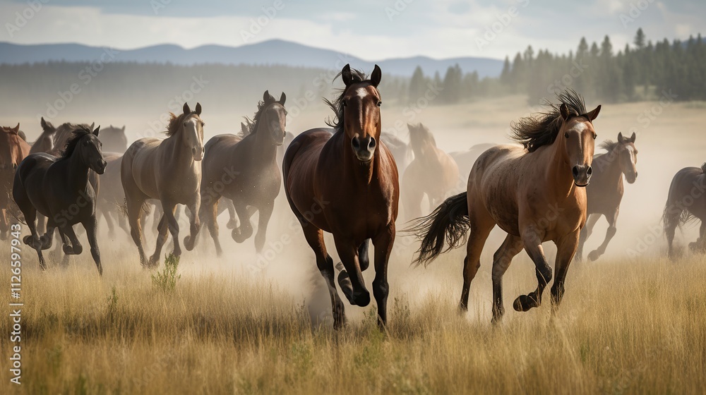 Wild Horses Running Across Golden Prairie Landscape Wild Horses Running Across Golden Prairie Landscape