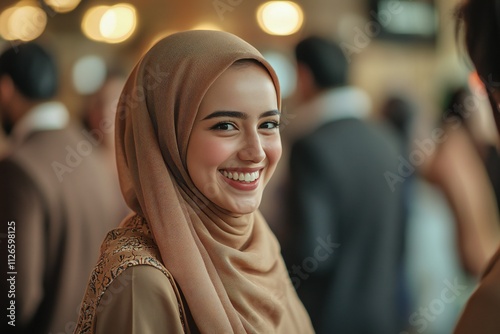 Smiling Muslim businesswoman sharing and talking during a networking event