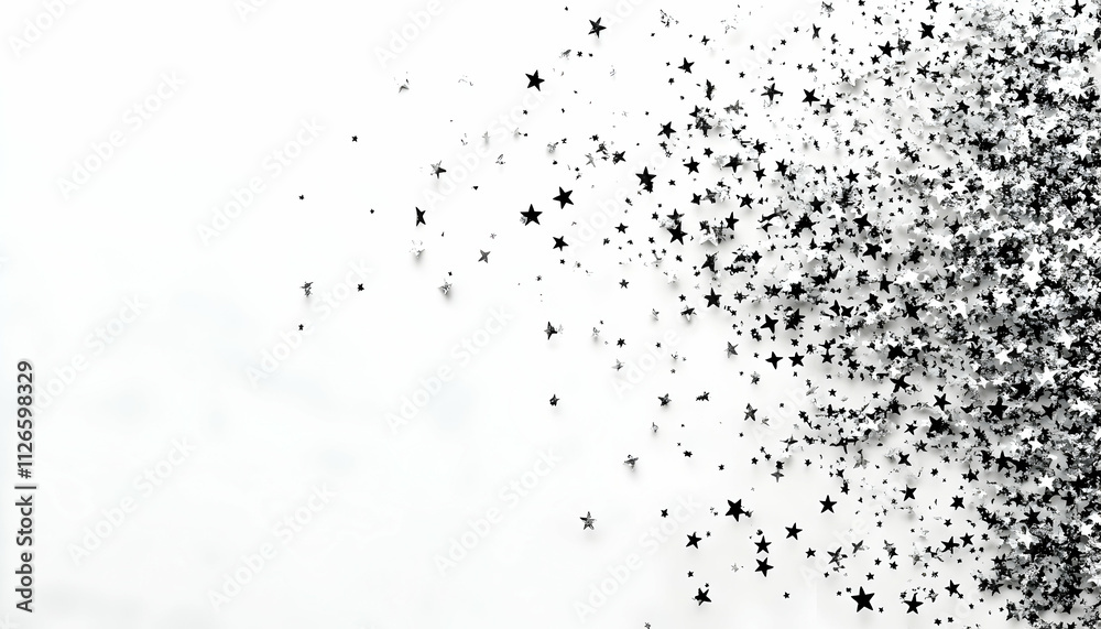 Elegant black and silver star confetti scattered on white background, perfect for festive celebrations, invitations, or greeting cards. Ideal for adding sparkle and shine to your design projects. Elegant black and silver star confetti scattered on white background, perfect for festive celebrations, invitations, or greeting cards. Ideal for adding sparkle and shine to your design projects.