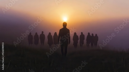 A silhouette of a mentor leading a group through a foggy landscape, representing trust in growth and new beginnings, mentor guidance growth, focus on