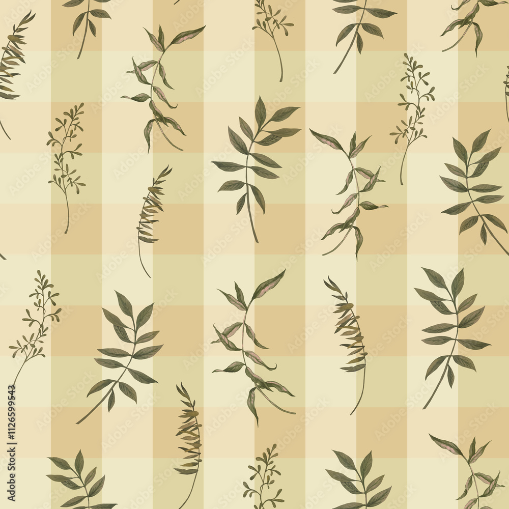 Floral pattern with green leaves on a checkered background of pastel colors. Continuous composition for digital paper, greeting cards, gifts, wallpapers, covers and textile. Floral pattern with green leaves on a checkered background of pastel colors. Continuous composition for digital paper, greeting cards, gifts, wallpapers, covers and textile.