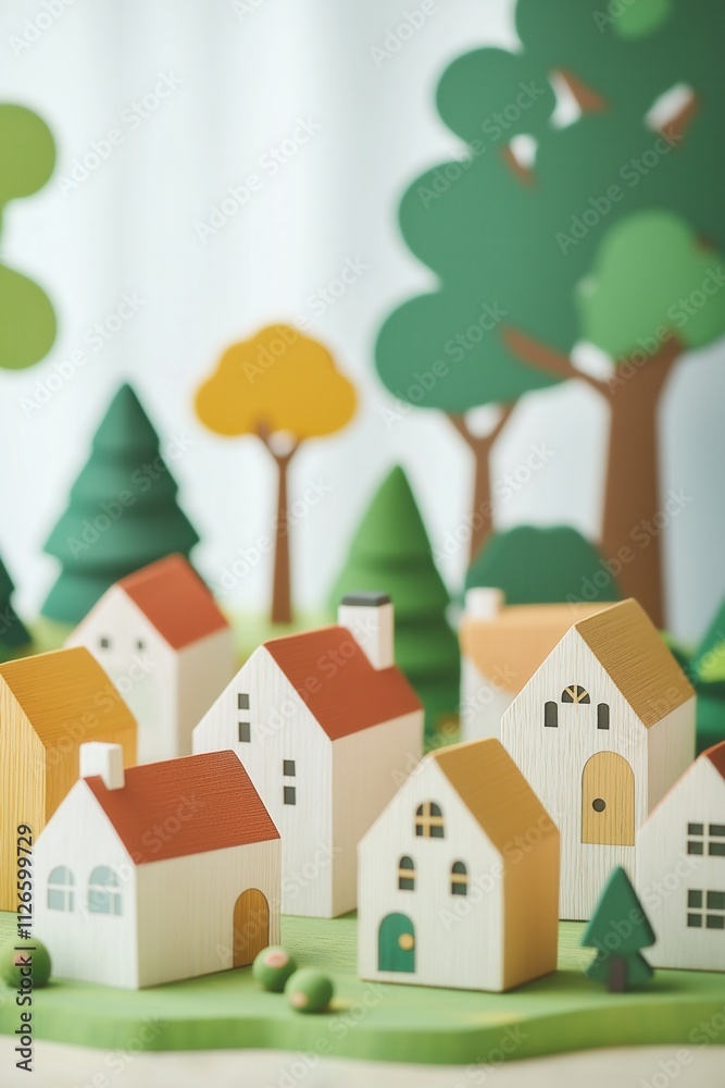 3d wooden spring town, toy trees and houses 3d wooden spring town, toy trees and houses