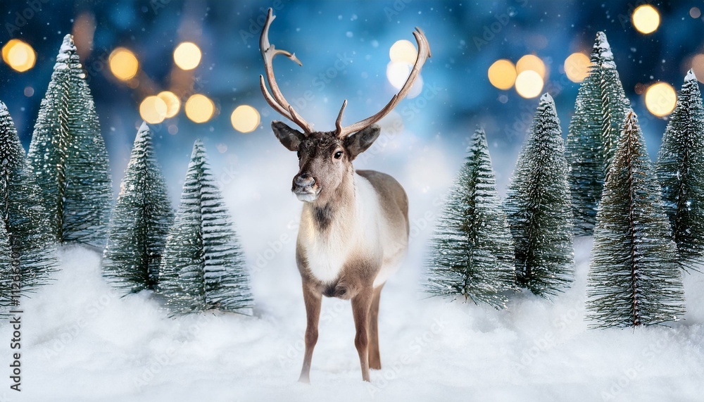 Christmas banner with magical scene of a reindeer in center in snowy forest with Christmas trees with lights and stars with copy space Christmas banner with magical scene of a reindeer in center in snowy forest with Christmas trees with lights and stars with copy space
