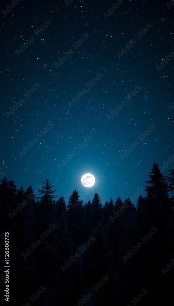 Fototapeta premium This enchanting image captures the beauty of a winter night, with a full moon illuminating a snow-covered forest. The contrast between the dark silhouettes of the trees and the bright moonlight create