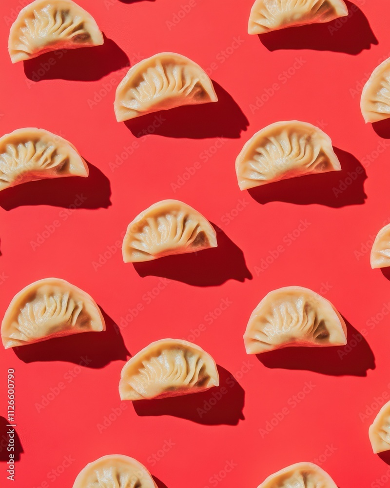 Overhead view of fresh Chinese dumplings on a red background Overhead view of fresh Chinese dumplings on a red background