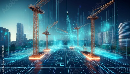 futuristic digital construction site with cranes and holographic energy data visualization