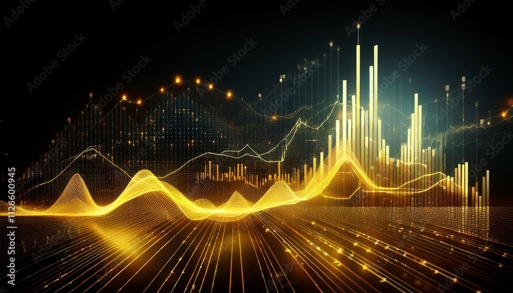 Naklejka premium abstract financial data visualization with glowing yellow lines and numbers