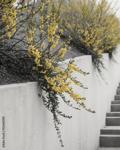 Forsythia branches spill over slopes near driveways