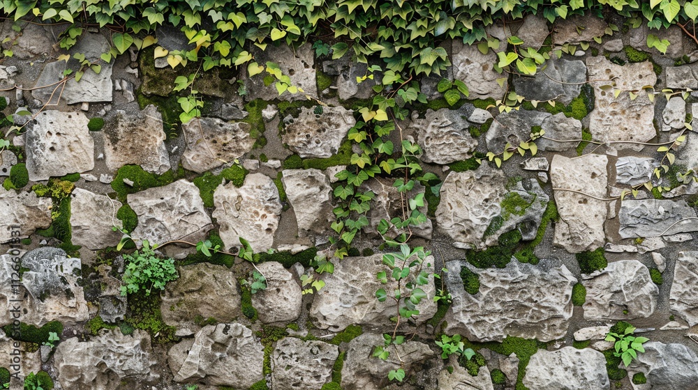 Close-up of a stone wall with ivy and moss growing on it. Close-up of a stone wall with ivy and moss growing on it.