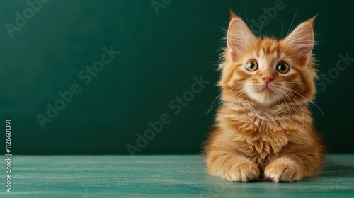 A cute orange kitten is sitting on a green table