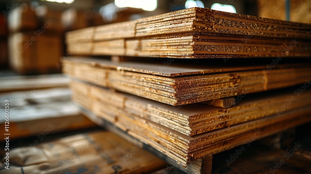 Stacks of wood sheets neatly arranged in a warehouse, reflecting warm afternoon light. Generative AI Stacks of wood sheets neatly arranged in a warehouse, reflecting warm afternoon light. Generative AI