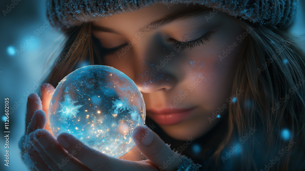 Naklejka premium A girl is holding a blue crystal ball