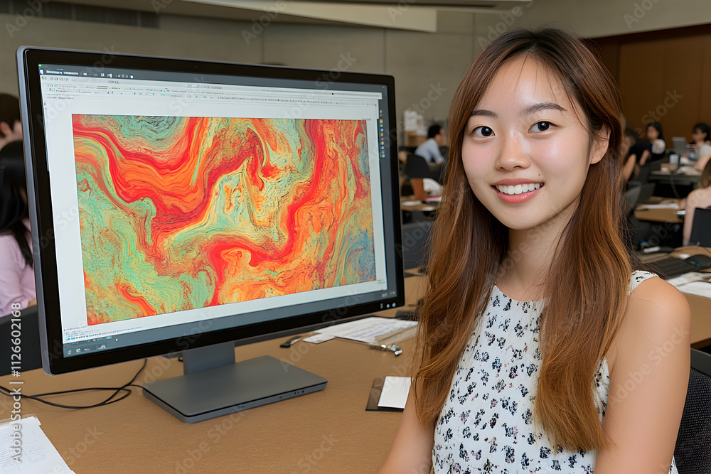 Young Asian woman smiling confidently in front of a computer displaying an abstract, colorful data visualization. Perfect for tech, science, or innovation concepts. Young Asian woman smiling confidently in front of a computer displaying an abstract, colorful data visualization. Perfect for tech, science, or innovation concepts.