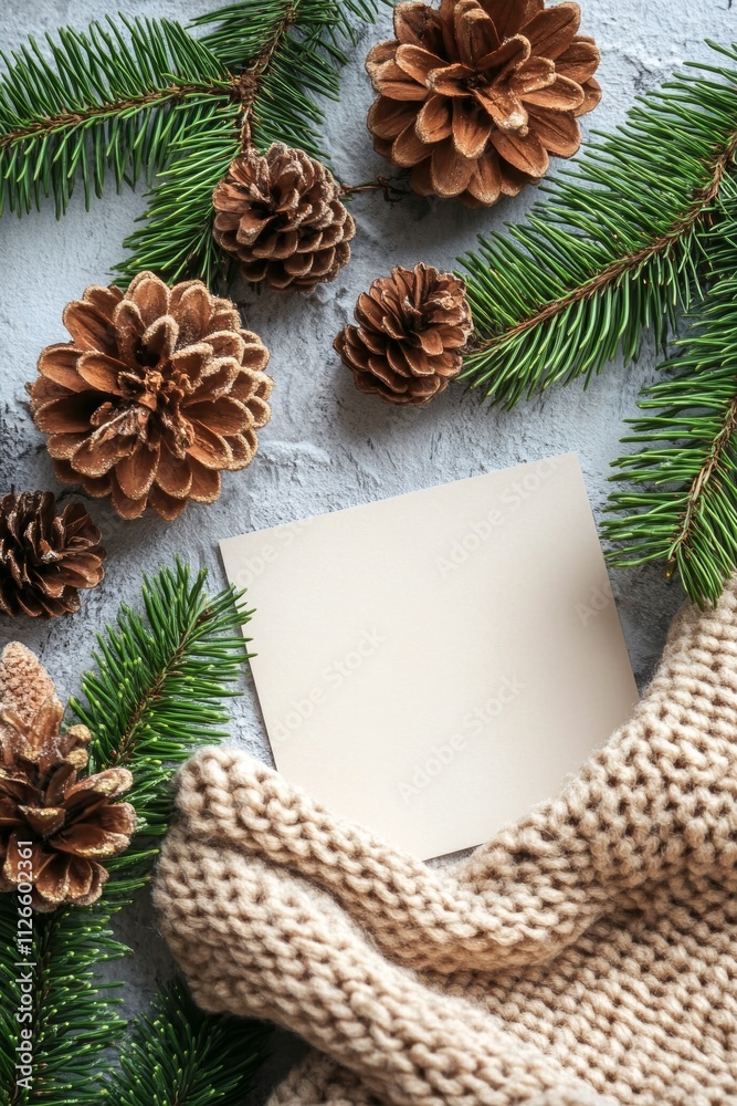 Obraz premium Cozy Winter Scene with Pine Cones, Fir Branches, Knitted Texture, and Blank Notecard