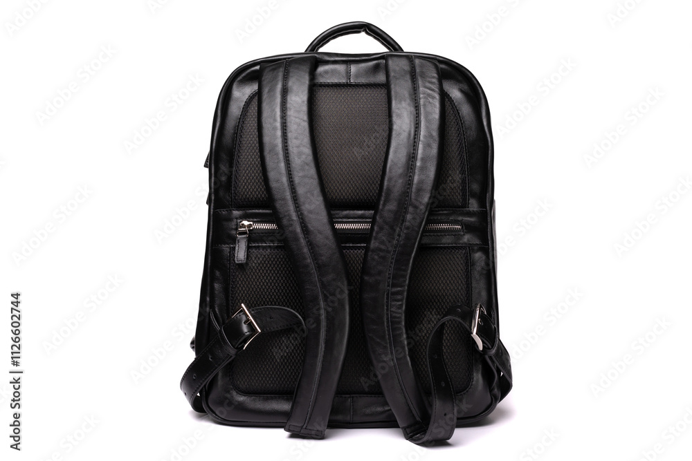 Sleek black leather backpack with mesh detailing suitable for urban travel and daily use Sleek black leather backpack with mesh detailing suitable for urban travel and daily use