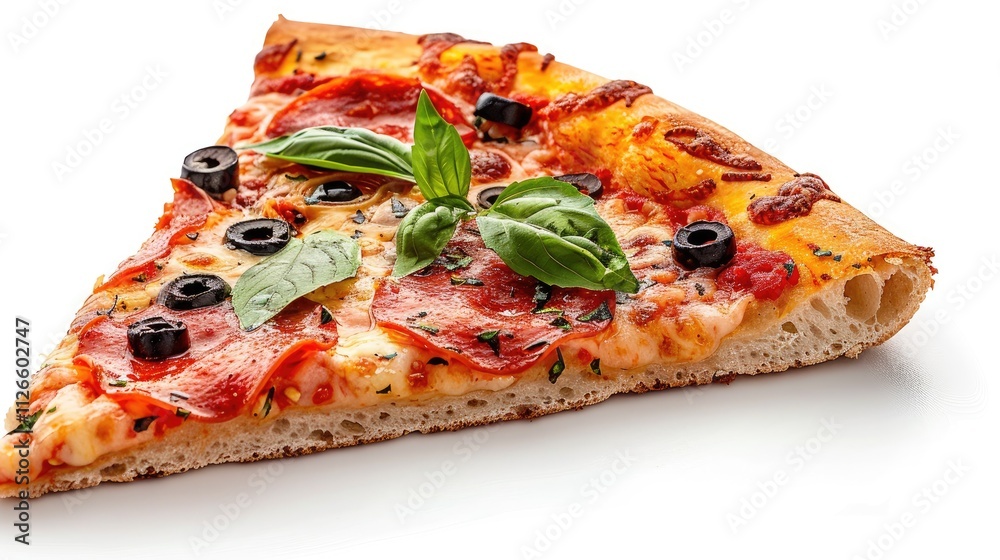 A delicious slice of pizza, isolated on a white background A delicious slice of pizza, isolated on a white background