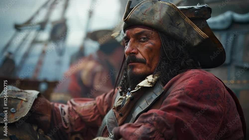 Life of a pirate: pirate, adorned in 17th-century attire, stands firm on deck of a ship as the Caribbean waves crash around him, embodying adventure, danger, desire for treasure in salty sea breeze. Life of a pirate: pirate, adorned in 17th-century attire, stands firm on deck of a ship as the Caribbean waves crash around him, embodying adventure, danger, desire for treasure in salty sea breeze.