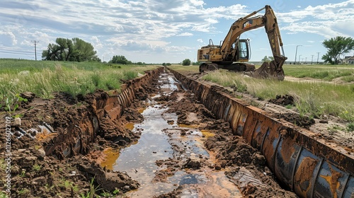 Excavation project reveals innovative land transformation in rural landscape amid clear blue skies. Generative AI