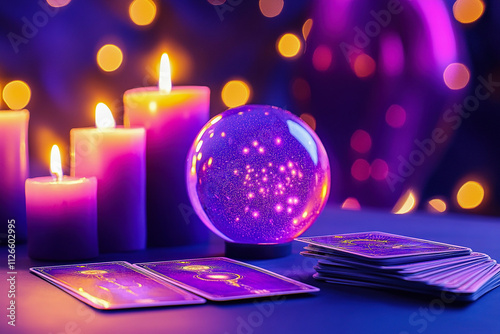 Mystical tarot reading setup with candles and crystal ball in a dimly lit room at night