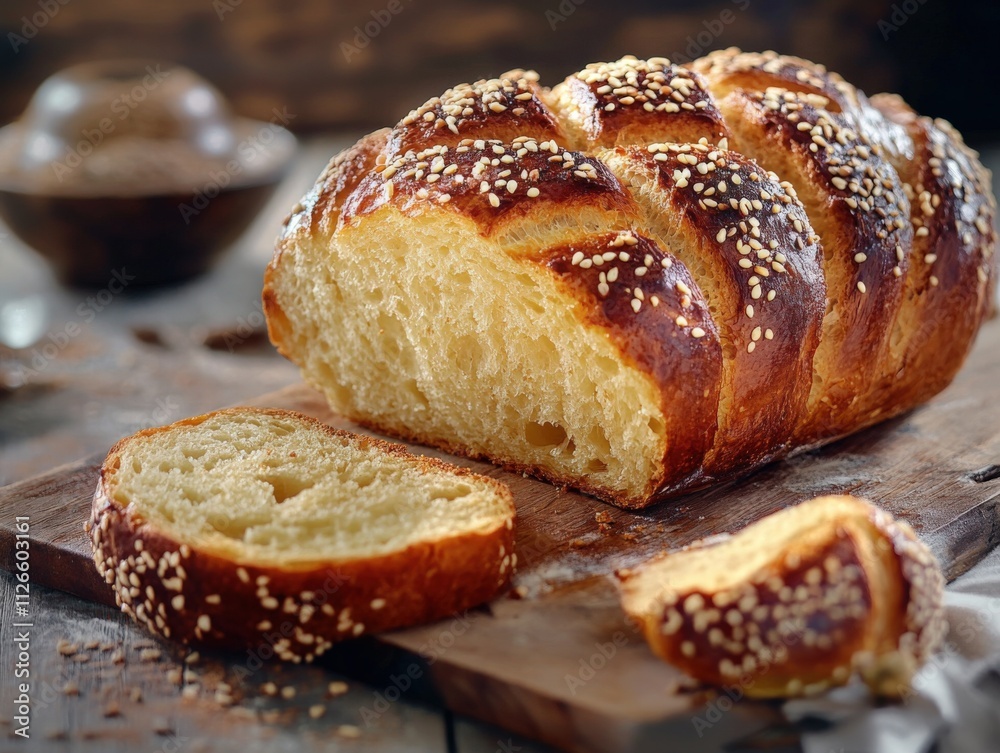 freshly baked bread with sesame seeds on a wooden board freshly baked bread with sesame seeds on a wooden board