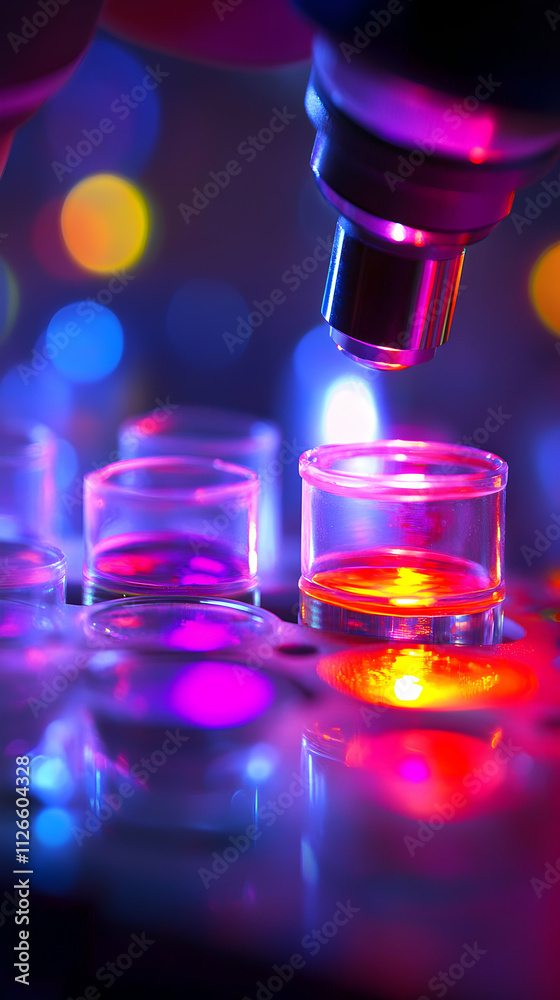 Microscopic view of colorful liquids in test tubes under vibrant lighting, highlighting scientific research and experimentation. Microscopic view of colorful liquids in test tubes under vibrant lighting, highlighting scientific research and experimentation.