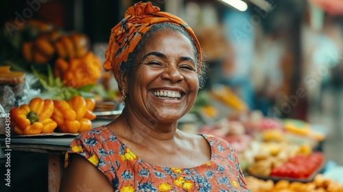Joyful Brazilian market vendor laughing at local farmers market. Authentic portrait of mature woman in colorful headscarf selling fresh produce with genuine happiness