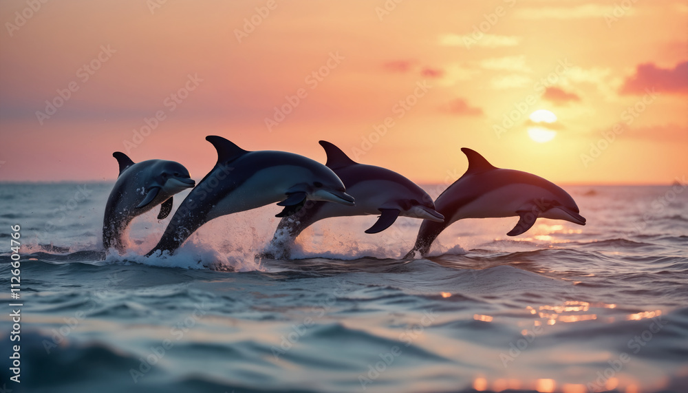 Fototapeta premium wallpapers A stunning display of dolphins leaping through the waves against a vibrant sunset backdrop, capturing the beauty of nature and marine life. AI generated