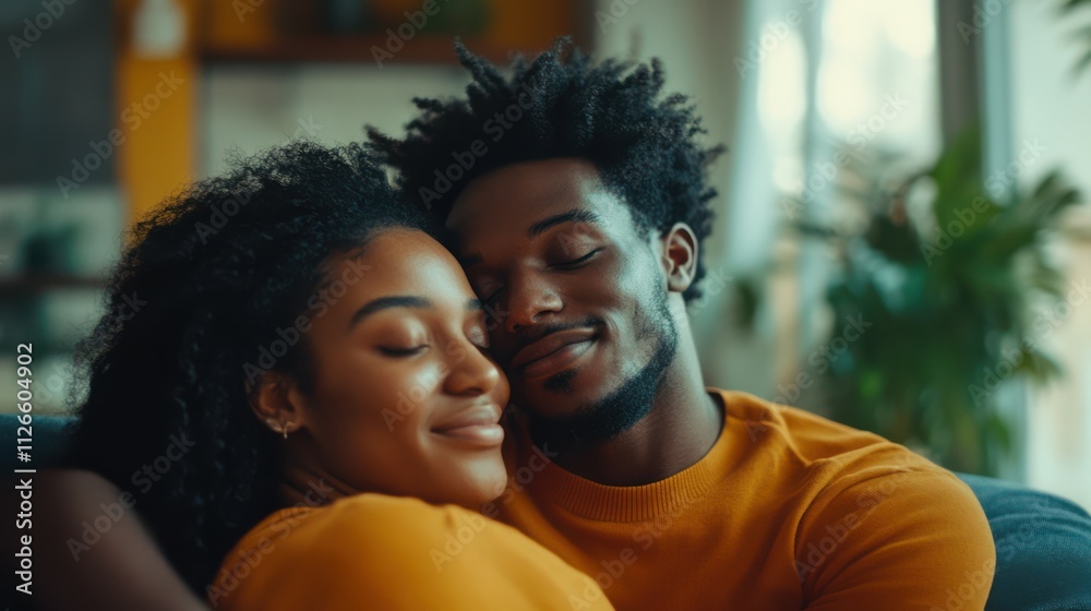 Photo of two young partners embrace look each other free time modern interior apartment indoors Photo of two young partners embrace look each other free time modern interior apartment indoors