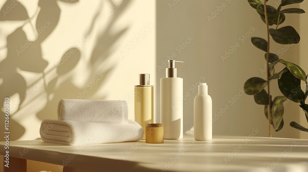 Spa essentials and beauty products arranged on a table, including cosmetic bottles and a white towel. This setup creates an empty space background, showcasing the products for advertising Spa essentials and beauty products arranged on a table, including cosmetic bottles and a white towel. This setup creates an empty space background, showcasing the products for advertising