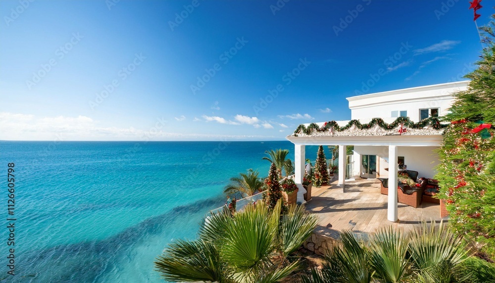 Fototapeta premium seaside villa with holiday decor and ocean views ael tropical seaside villa with elegant christmas decorations lush greenery and a view of turquoise waters under a sunny sky