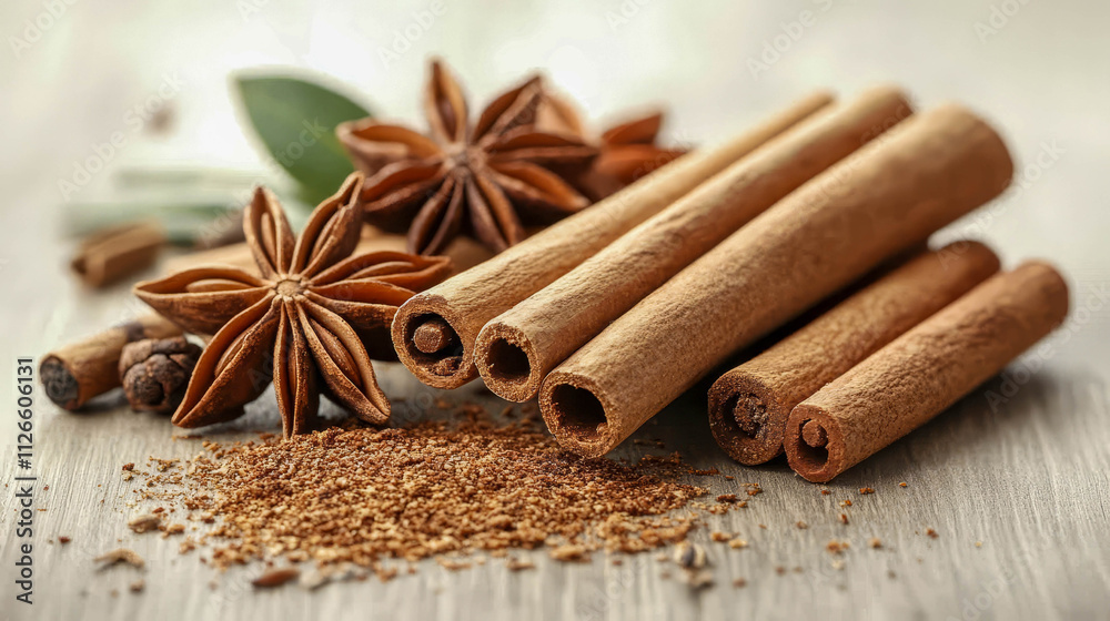 Cinnamon sticks and anise stars on a wooden table. The photo evokes associations with the aroma of cinnamon and anise stars, as well as with holidays and a cozy atmosphere. Cinnamon sticks and anise stars on a wooden table. The photo evokes associations with the aroma of cinnamon and anise stars, as well as with holidays and a cozy atmosphere.