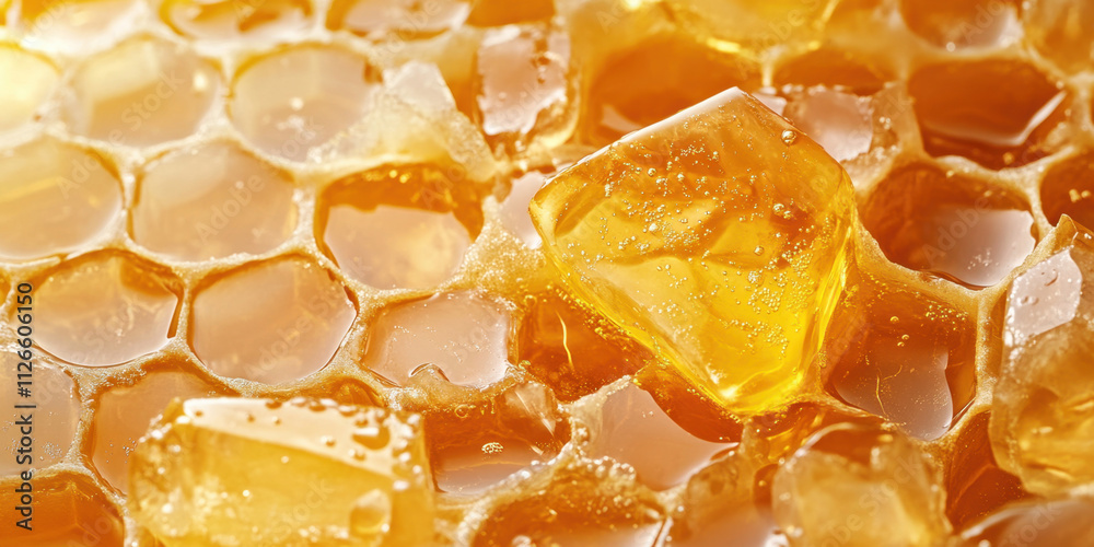 Close-up of honeycomb filled with golden honey, showcasing the intricate hexagonal structure and glistening texture. Close-up of honeycomb filled with golden honey, showcasing the intricate hexagonal structure and glistening texture.