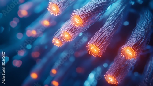 This image depicts numerous optical fibers bundled together with tiny lights illuminating their distal ends. The backdrop of the image is a vivid blue hue.  photo