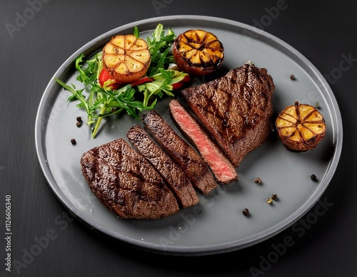top view of grilled arrachera skirt steak with garnish against a black background perfect for a copy space image