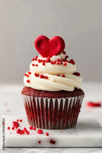 cupcake with white icing, red sprinkles and heart-shaped topper