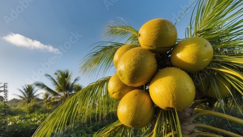 Clusters of ripe oil palm fruits nestled among vibrant green fronds in a tropical landscape during the day.