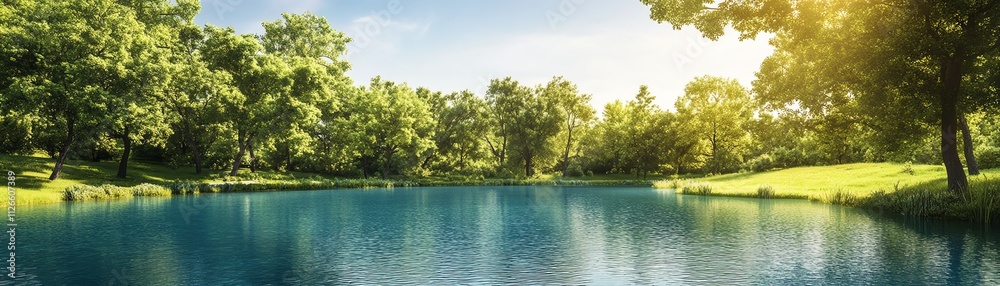 Serene lake surrounded by lush greenery under a bright blue sky. Serene lake surrounded by lush greenery under a bright blue sky.