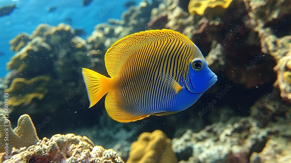 A vibrant blue and yellow fish gliding gracefully through a colorful coral reef, showcasing the beauty of marine life and underwater ecosystems in vivid detail and color. A vibrant blue and yellow fish gliding gracefully through a colorful coral reef, showcasing the beauty of marine life and underwater ecosystems in vivid detail and color.