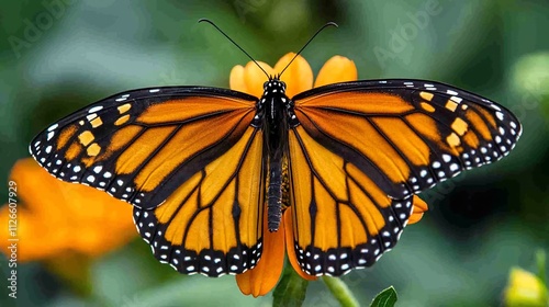 Monarch butterfly perched on orange flower.