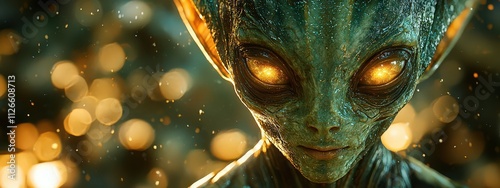 An alien with glowing eyes, dark green skin, and large ears, standing in space with a starry background.  photo