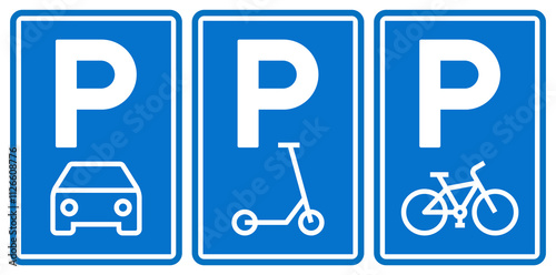 Car, scooter and bike parking sign, road symbol set. Parking public icons street place.