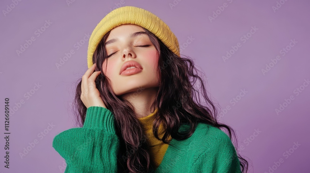 Photo portrait of attractive teen woman hold empty space dressed stylish green clothes isolated on purple color background Photo portrait of attractive teen woman hold empty space dressed stylish green clothes isolated on purple color background