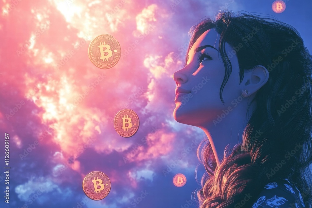 Woman Dreaming of Bitcoin and Financial Freedom Woman Dreaming of Bitcoin and Financial Freedom